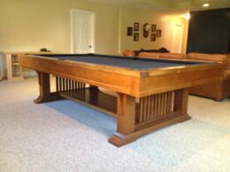 9 foot Brunswick Mission pool table for sale. This image is from the original installation.