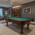 game room setting with a Brunswick Greenbriar pool table setup center stage.