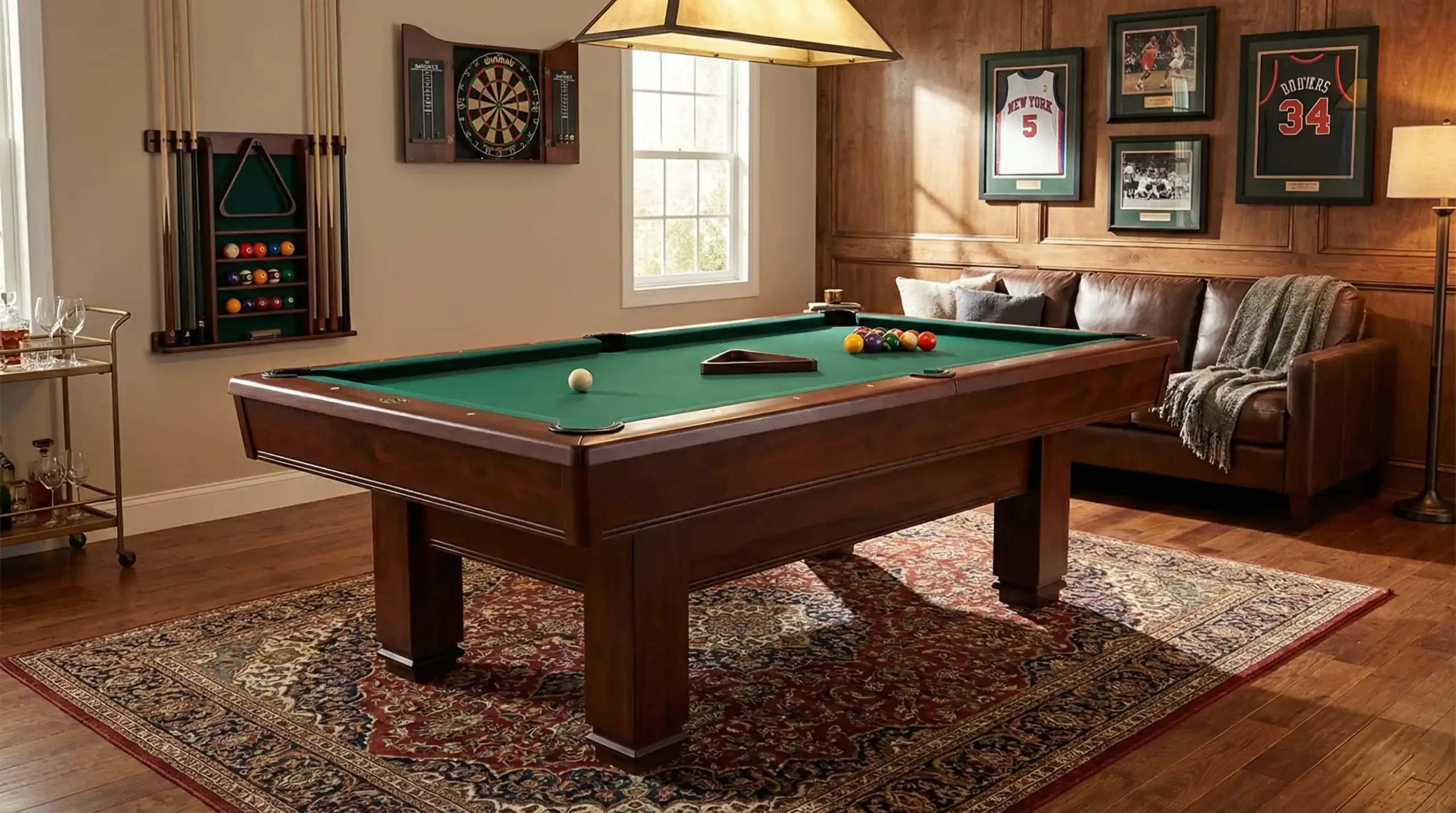 A Brunswick Hawthorn pool table setup in a game room with rug and brown leather couch.