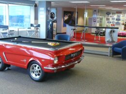 We installed a 1965 collectors edition Ford Mustang pool table at Ford headquarters in Detroit MI.