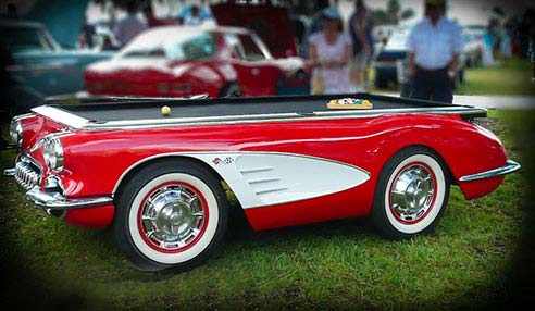 1959 Chevy Corvette car pool table outside on display at a car show!