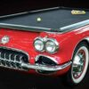 front right view of a collectors edition 1959 Chevy Corvette car pool table in red and white.