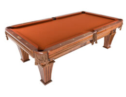 Overhead angle view of Presidential Billiards Brittany pool table.
