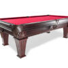 Corner angle view of a beautiful Brittany pool table with red cloth in a walnut finish from Presidential Billiards.