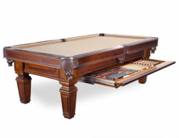 Hartford pool table with drawer fully extended holding balls and cues.