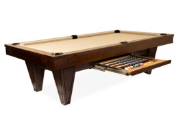 The Haven pool table from Presidential Billiards showing off the full extension recessed drawer for holding cues and pool balls.