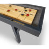 Overhead closeup view with pucks of the Tyler shuffleboard table from Presidential Billiards.