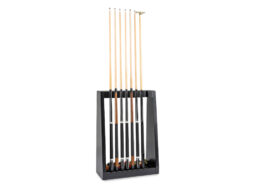 Floor standing angled pool cue rack for billiards with cues in it.