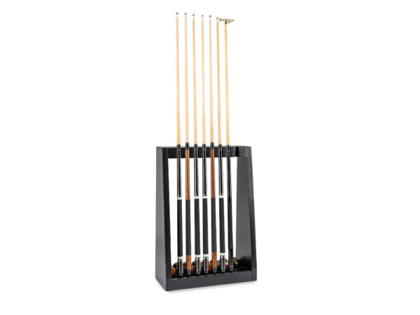 Floor standing angled pool cue rack for billiards with cues in it.