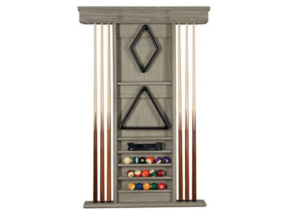 Wall mount farmhouse style pool cue rack in barn door gray.