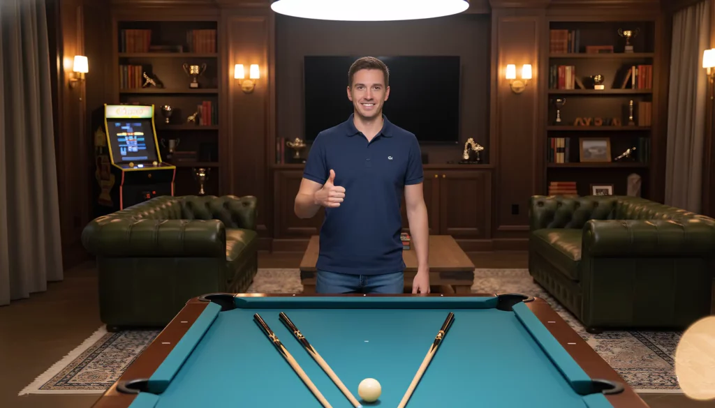pool and billiards expert giving a thumbs up after choosing the best quality pool cue for himself.