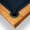 overhead corner view showing the leather drop pockets on the Kennedy pool table from Presidential Billiards.