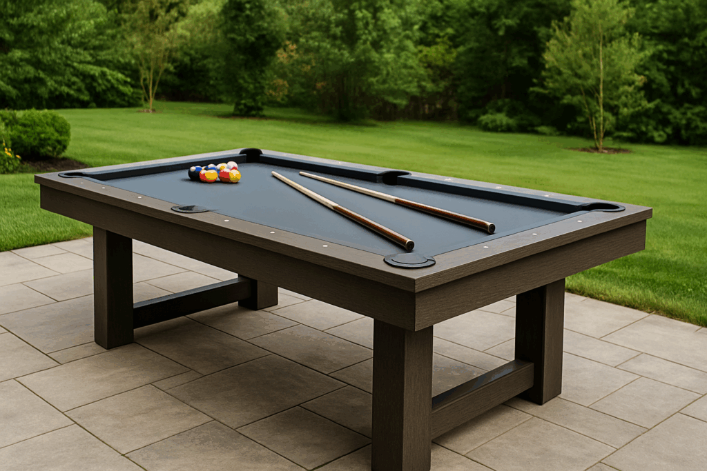 An outdoor pool table with pocket cover and a fibre cement surface with outdoor play billiard cloth.