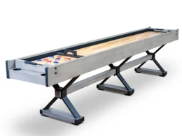 The Phoenix shuffleboard table in iron and washed grey wood with accessories.