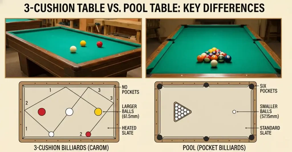 diagram showing the difference between a 3 cushion table and a standard North American pool table.