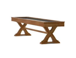 The Kennedy shuffle board table from Presidential Billiards on a white background, in oak.