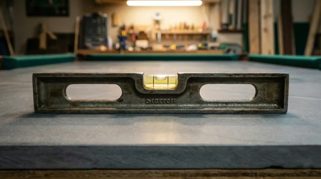 bubble level on the slate top of a 3 cushion table depicting level.